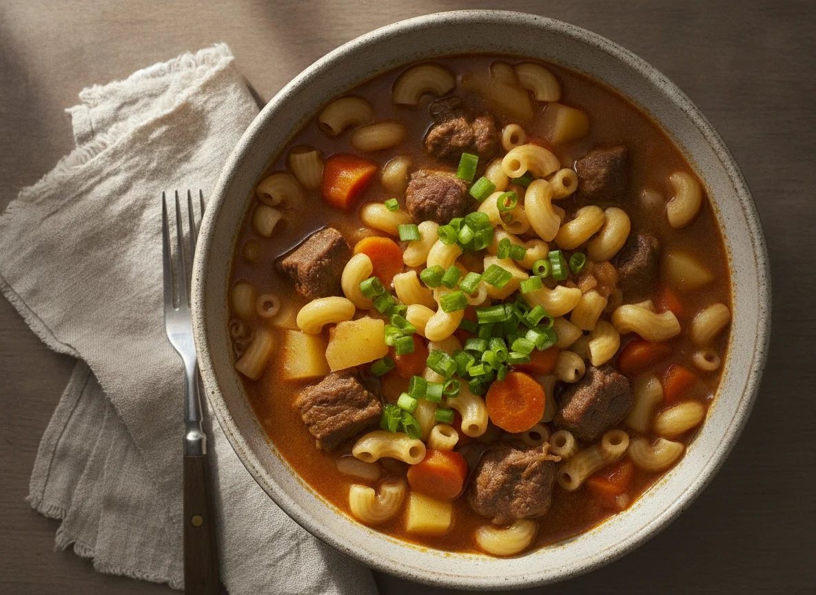 Ensopado de macarrão com carne batata cenoura mandioquinha e cebolinha photo
