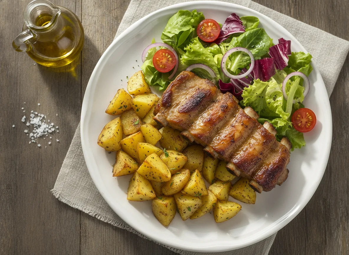 Entrecosto assado com batatas e salada mista photo