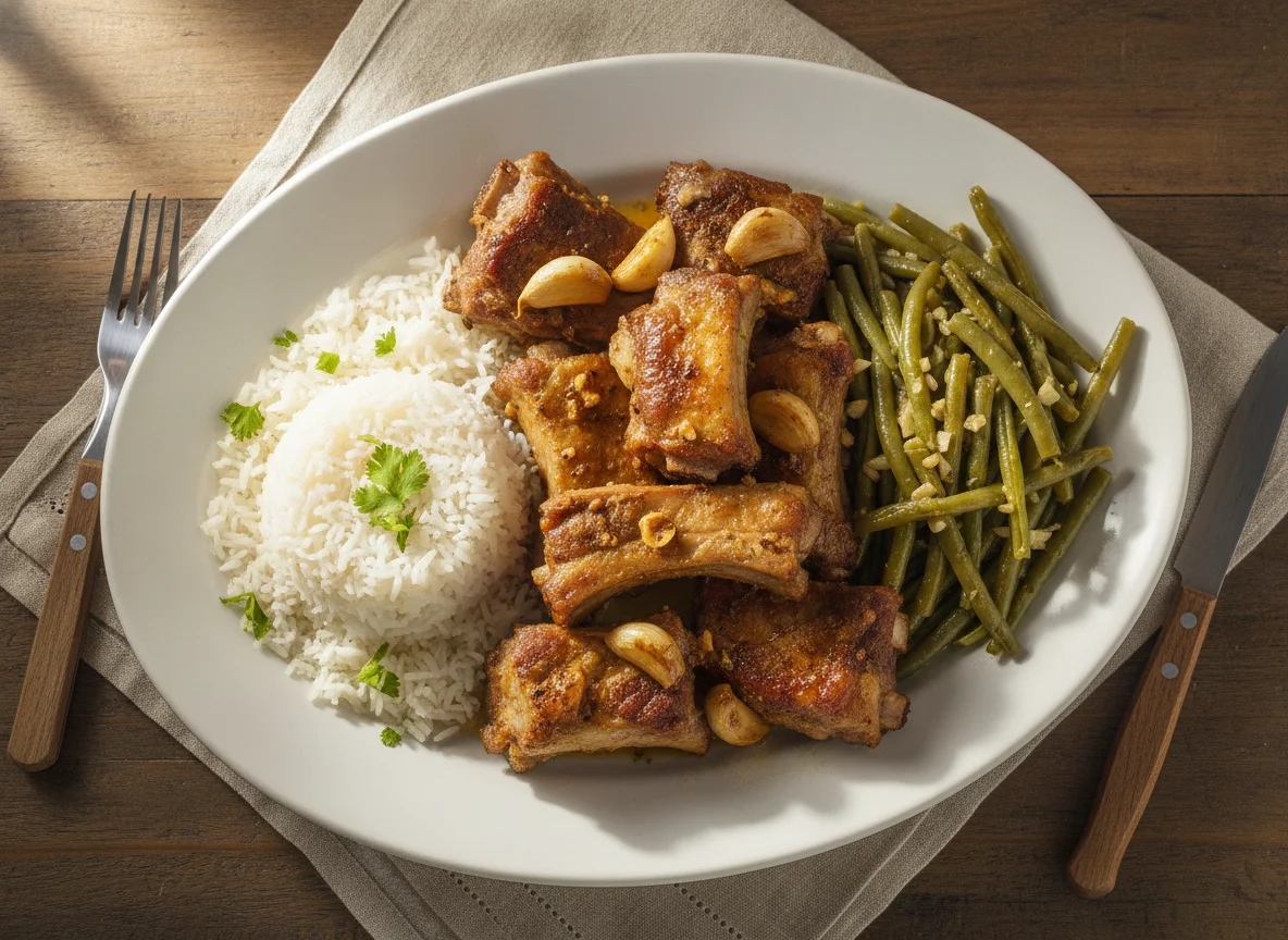 Entrecosto com arroz e feijão-verde photo