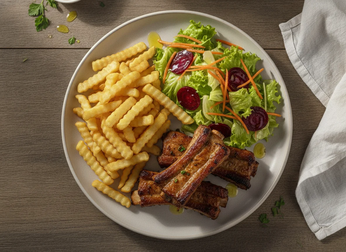 Entrecosto grelhado com batatas fritas e salada photo