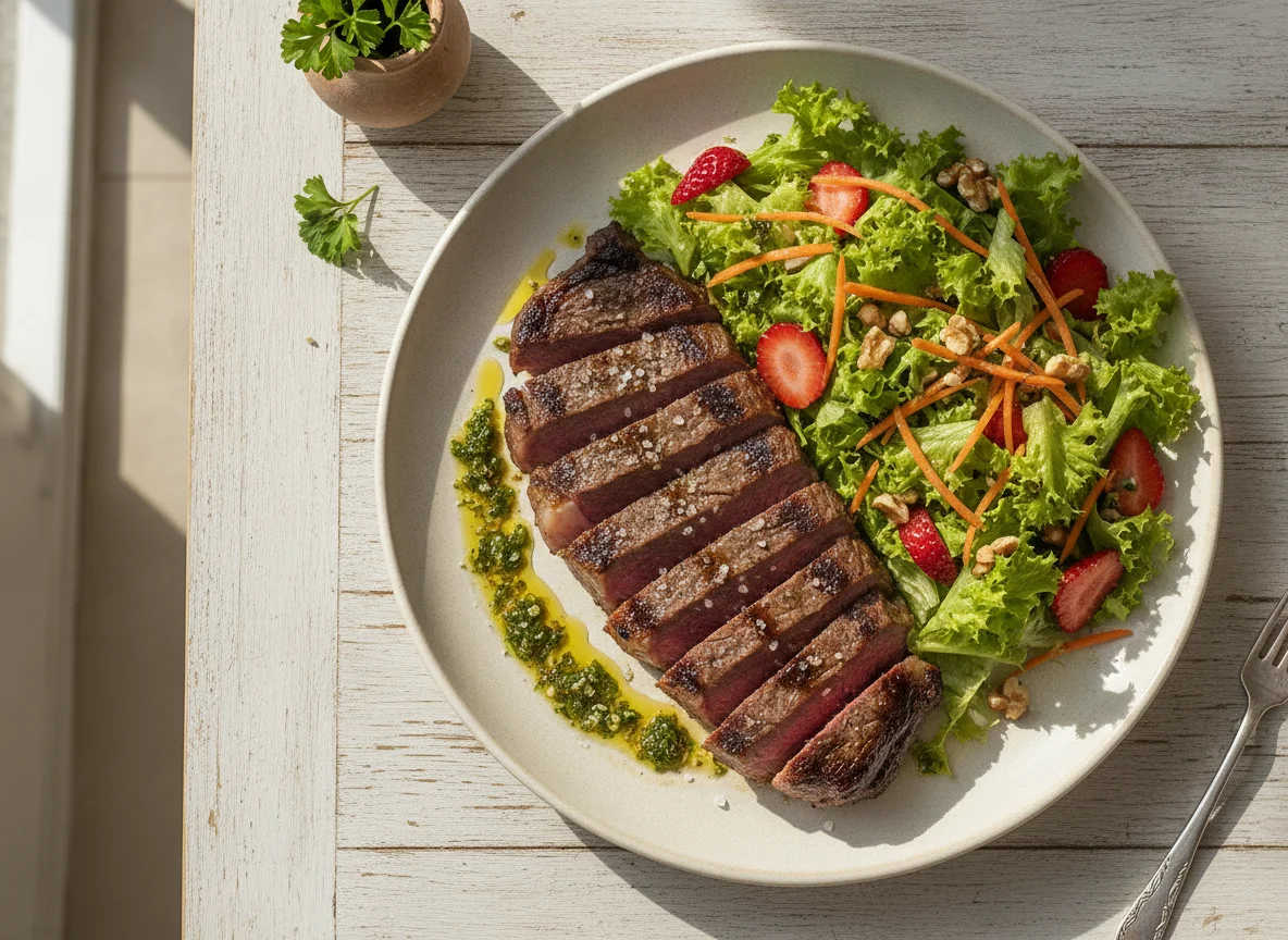Entrecot com Salada de Alface, Cenoura e Morango photo