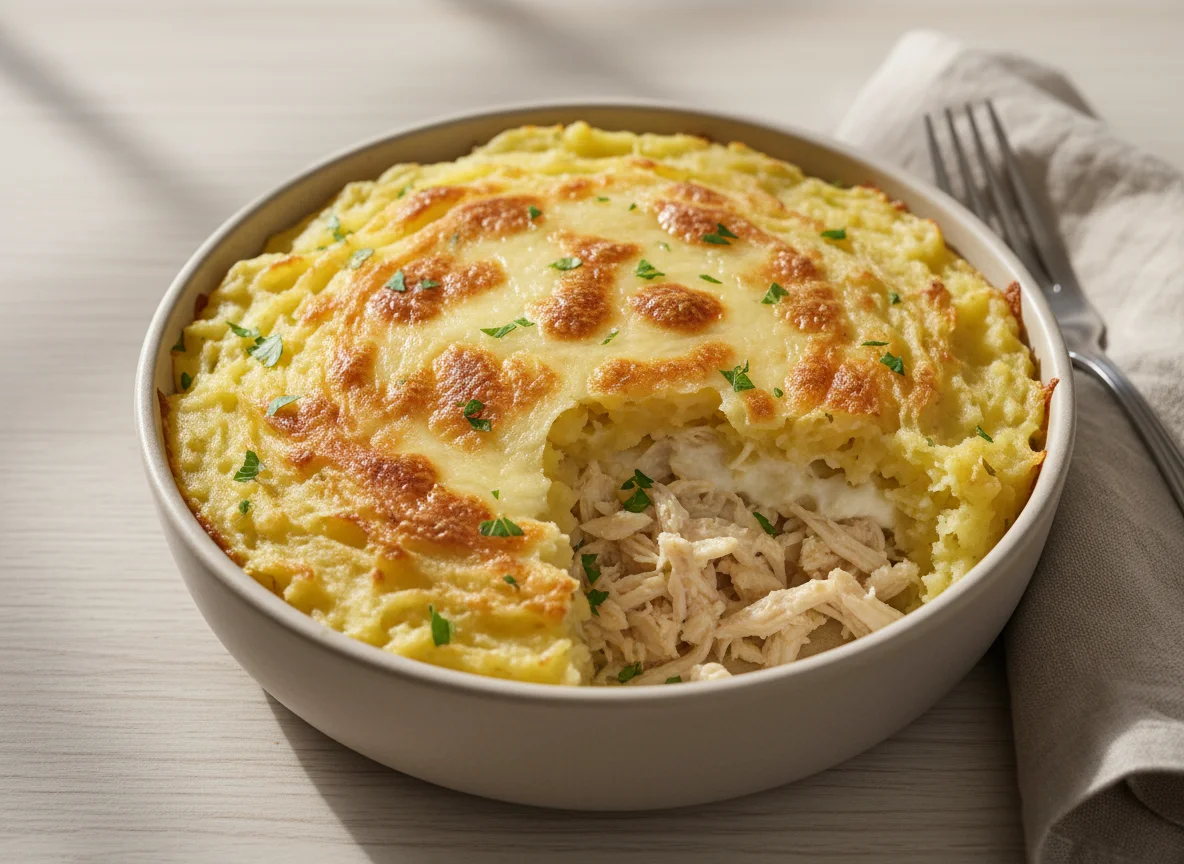 Escondidinho cremoso de batata inglesa recheado com frango e mussarela photo