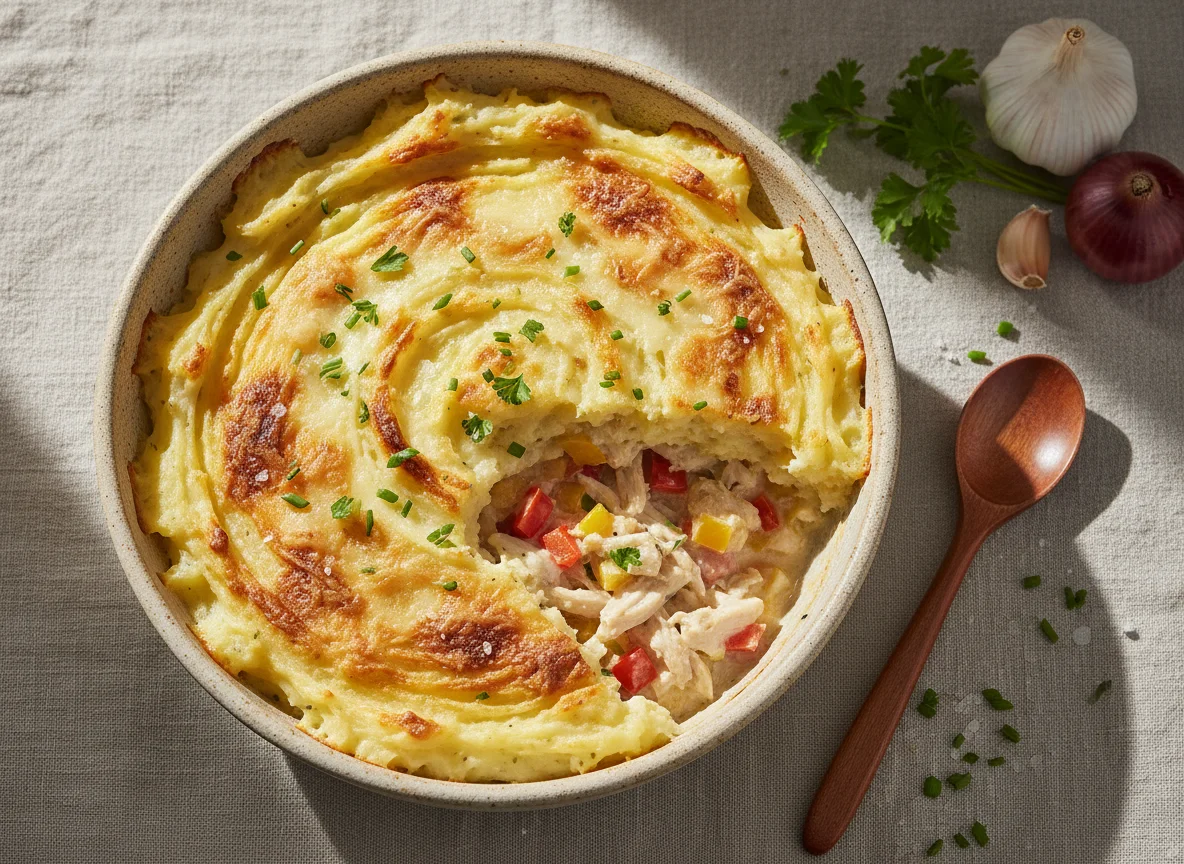 Escondidinho cremoso de batata-inglesa recheado com frango e mussarela photo
