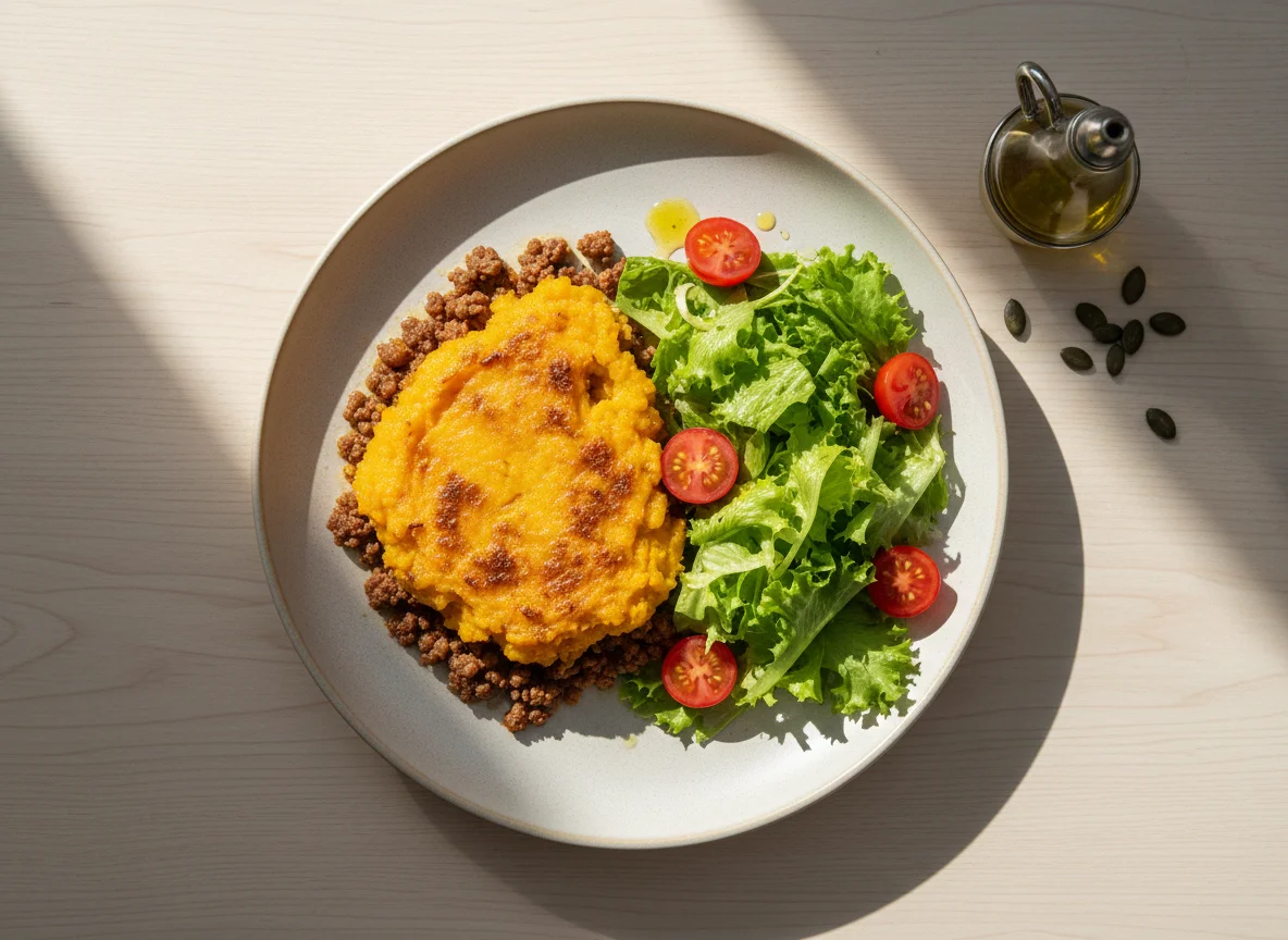 Escondidinho de abóbora com carne moída e salada photo