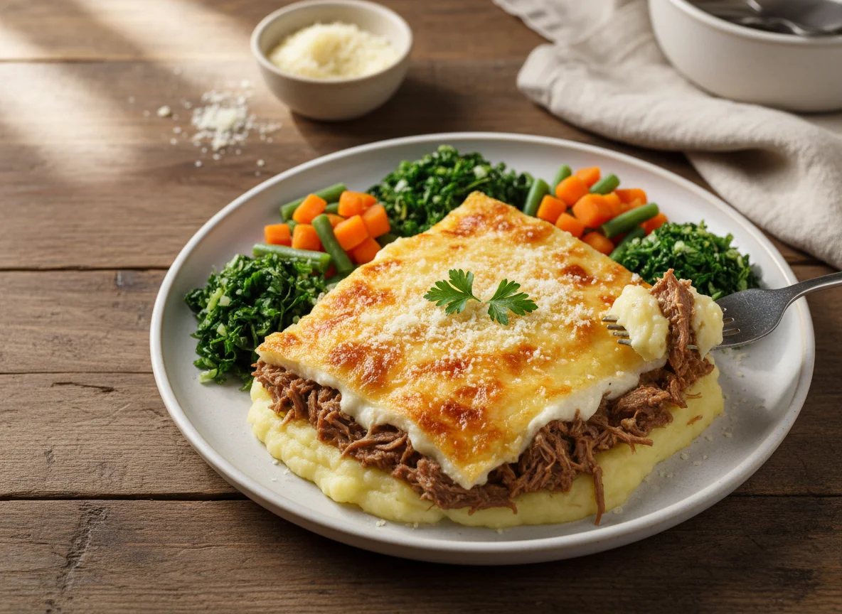 Escondidinho de carne com legumes e queijo photo