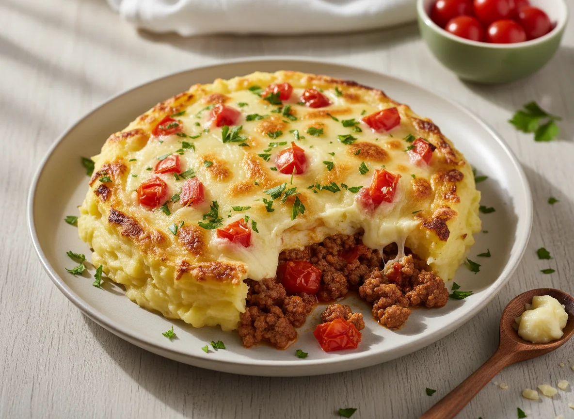 Escondidinho de carne com queijo e tomate photo
