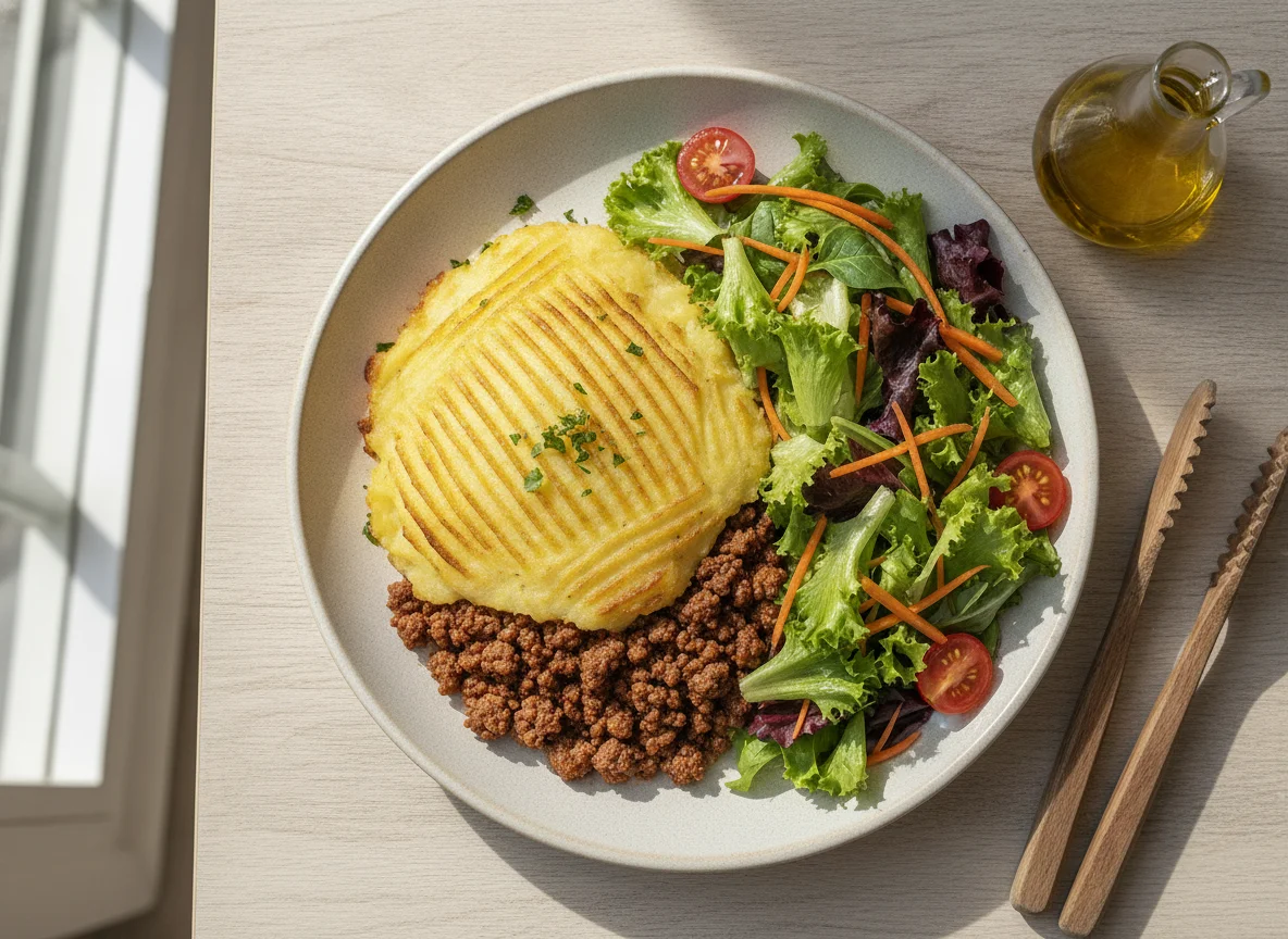 Escondidinho de carne com salada mista photo