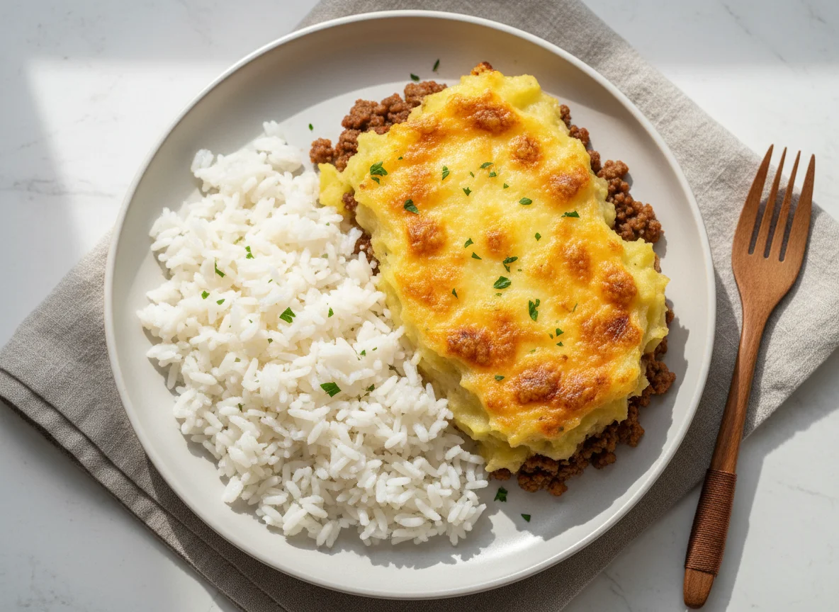 Escondidinho de carne moída com arroz branco photo