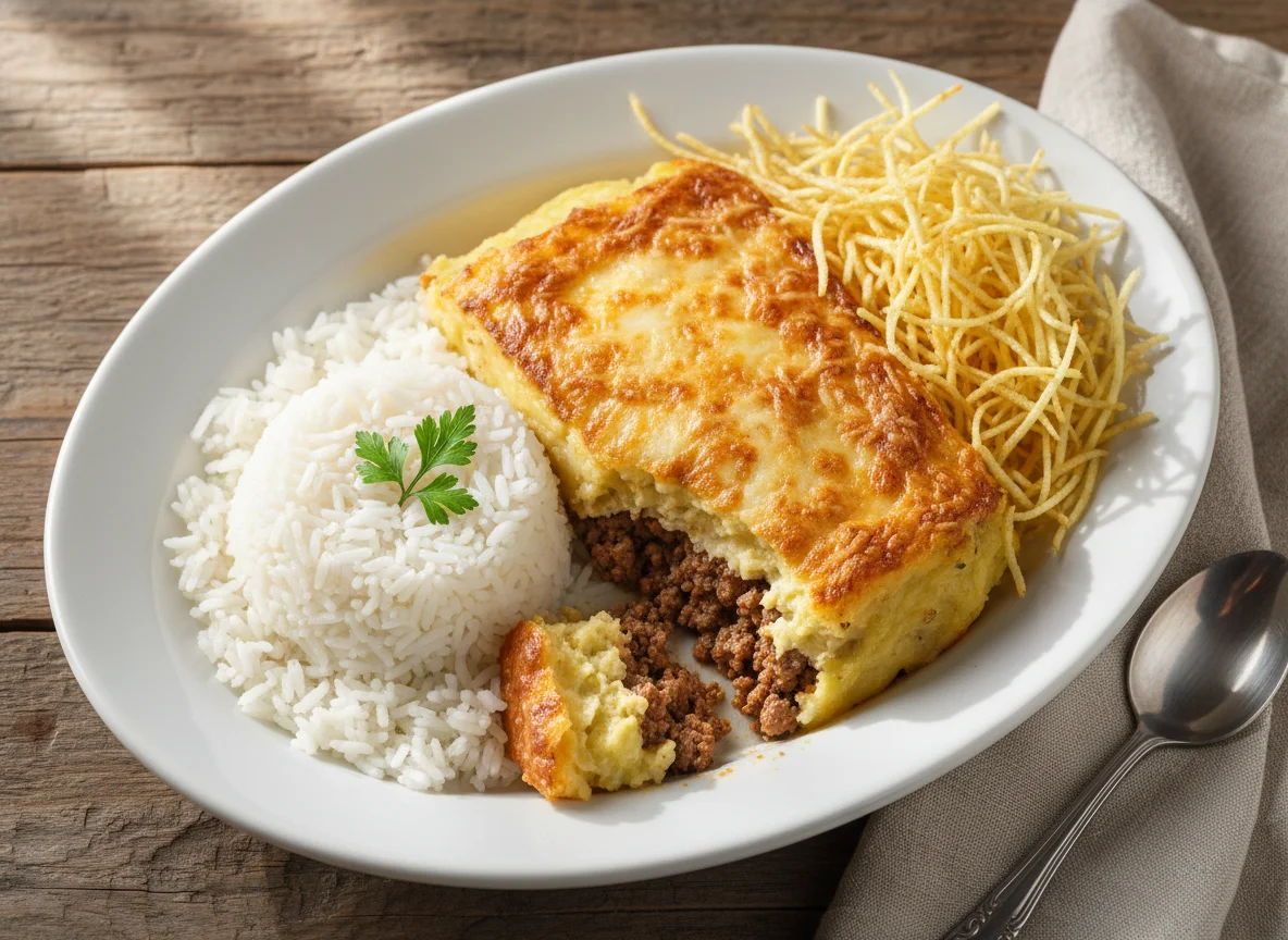 Escondidinho de carne moída com arroz e batata palha photo