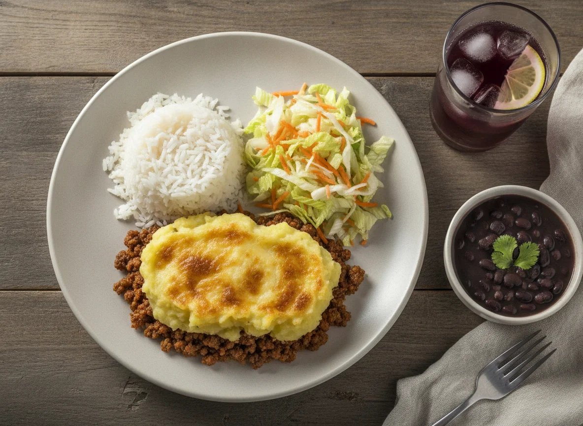 Escondidinho de carne moída com arroz, feijão e salada photo