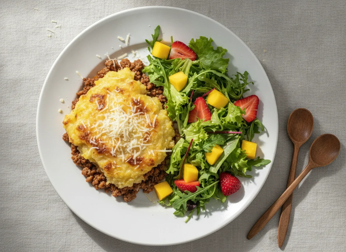 Escondidinho de carne moída com batata baroa e salada mista photo