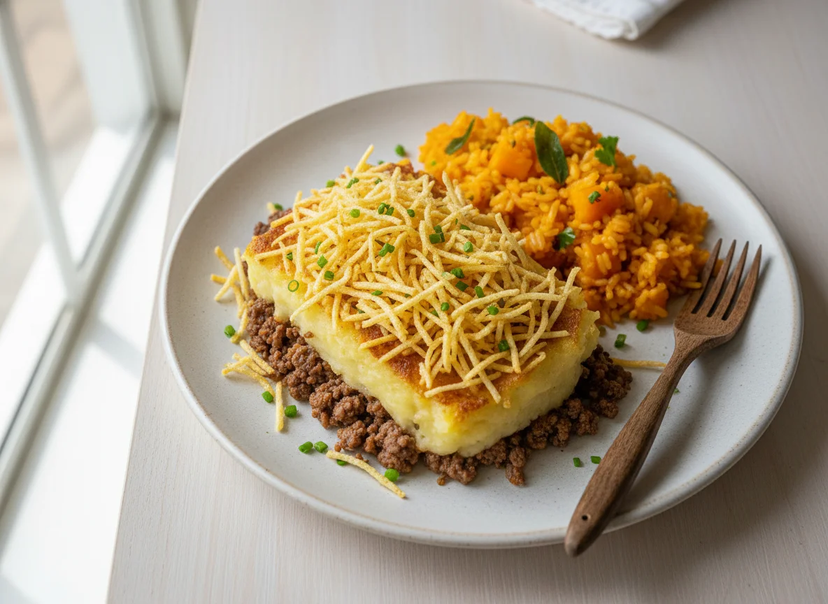 Escondidinho de carne moída com batata palha e arroz com abóbora paulista photo