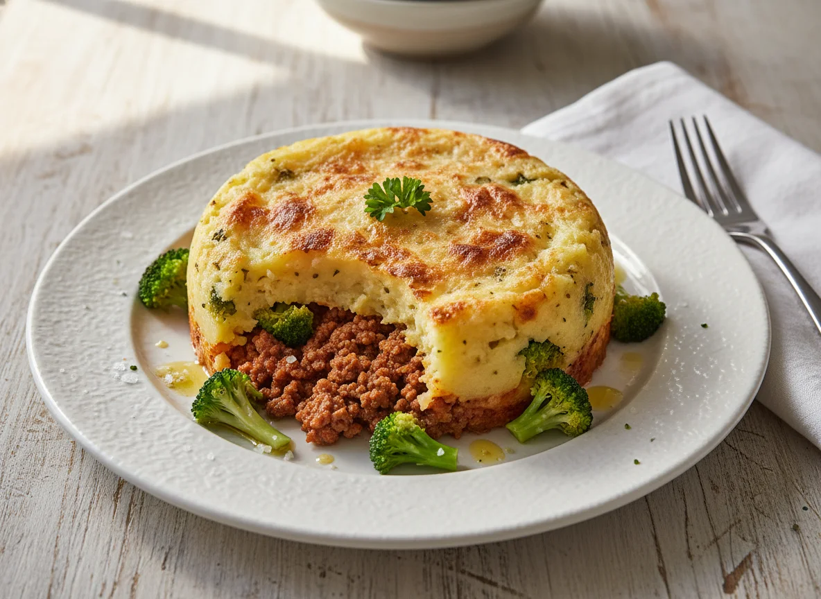 Escondidinho de carne moída com brócolis e purê de batata photo