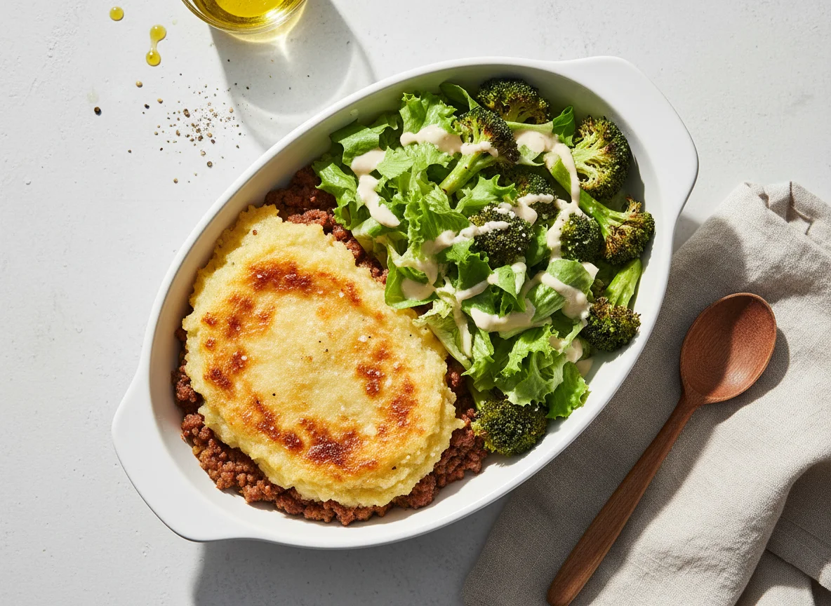 Escondidinho de carne moída com brócolis e salada photo