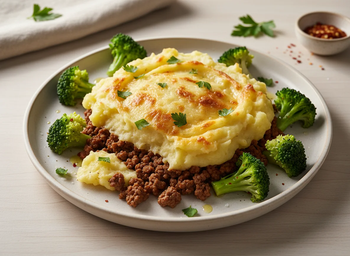 Escondidinho de carne moída com purê de batata e brócolis photo