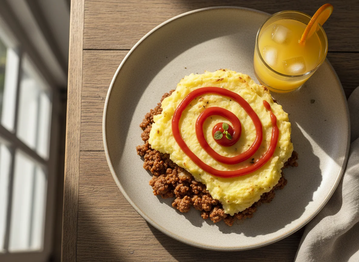 Escondidinho de carne moída com purê de batata e ketchup photo