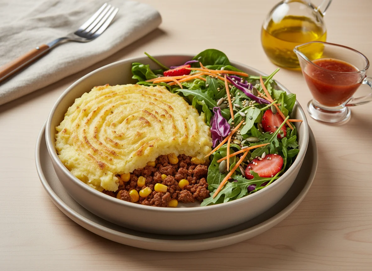 Escondidinho de carne moída com salada photo