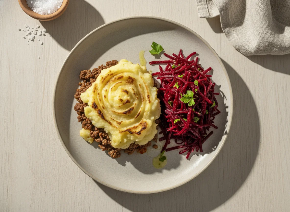 Escondidinho de carne moída com salada de beterraba photo