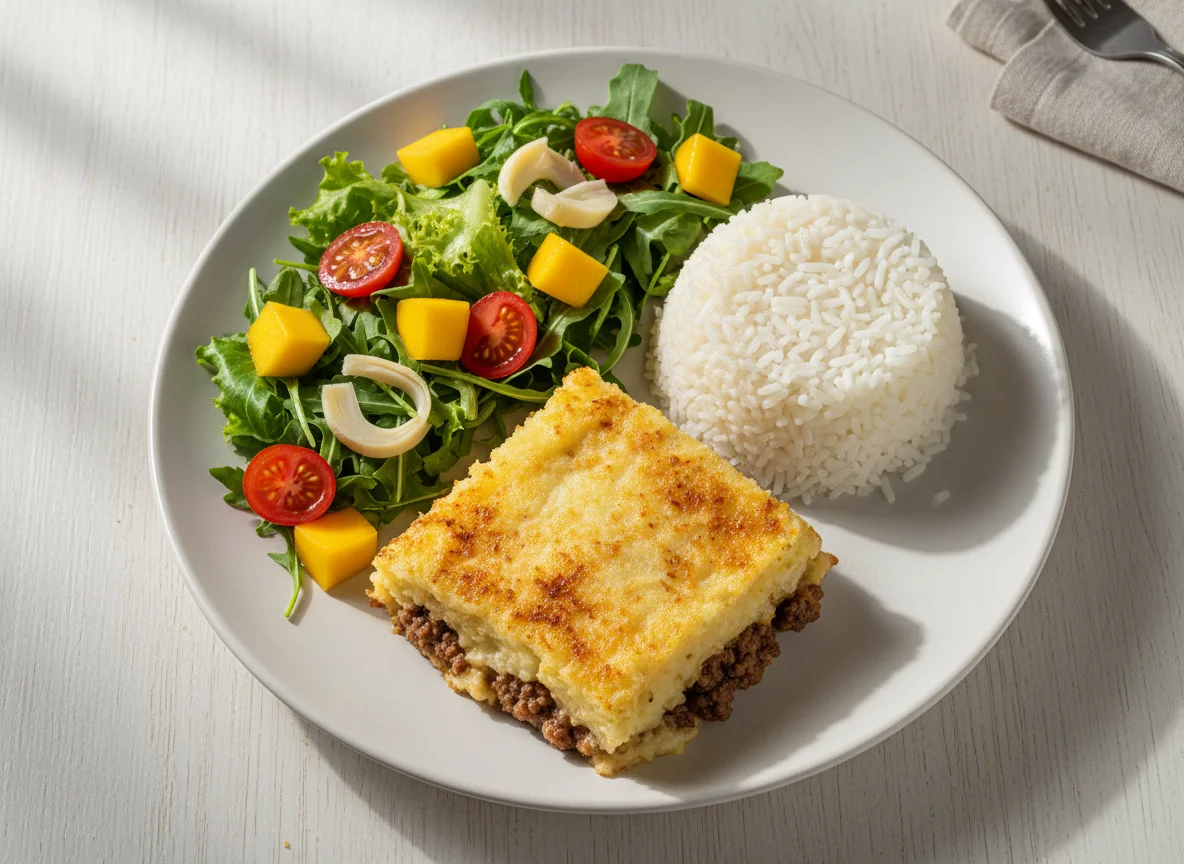 Escondidinho de carne moída com salada e arroz photo