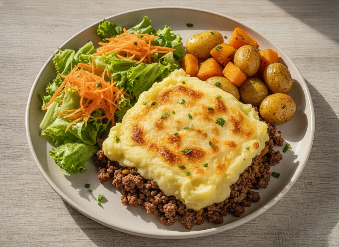 Escondidinho de carne moída com salada e legumes assados photo