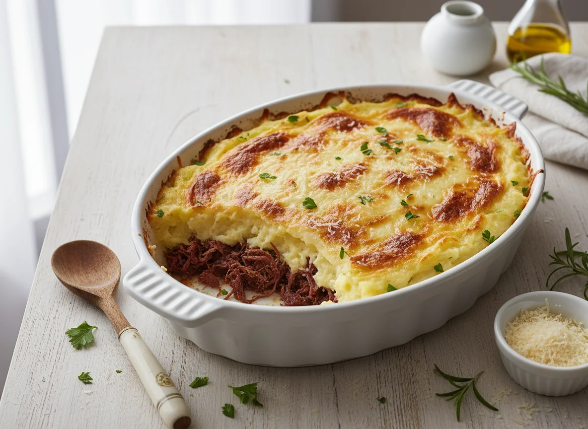 Escondidinho de carne seca com purê de batata e queijo photo