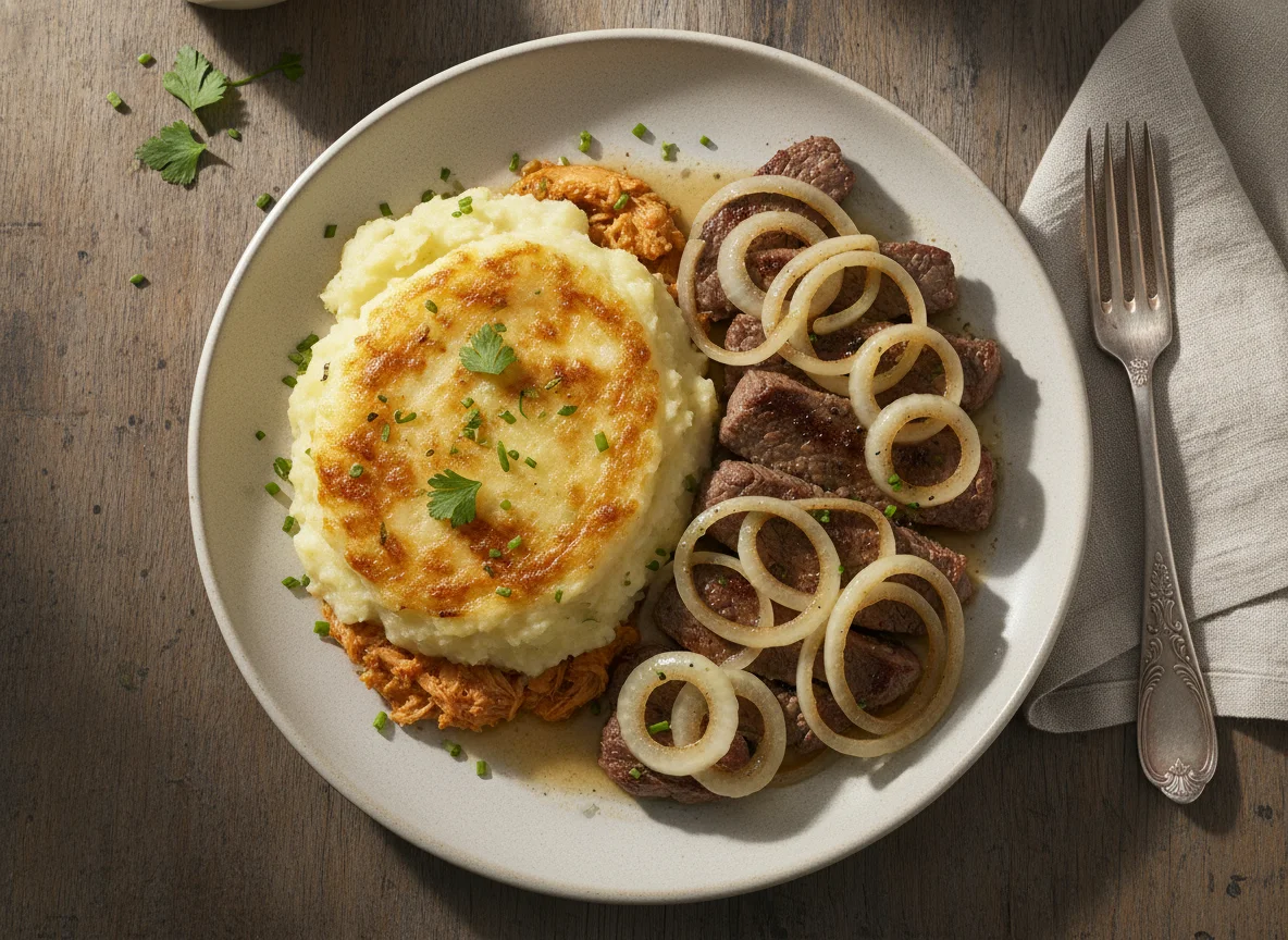 Escondidinho de frango com bife acebolado photo