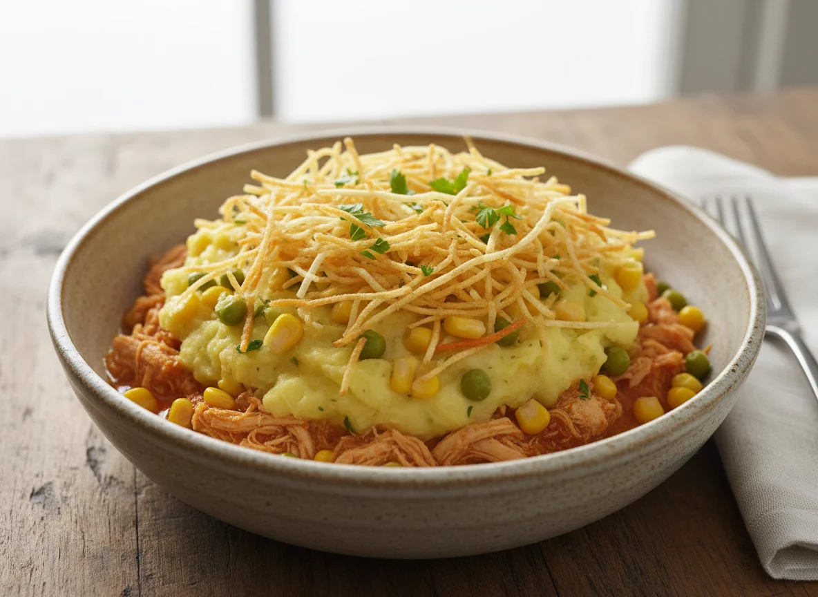 Escondidinho de frango com milho e batata palha photo