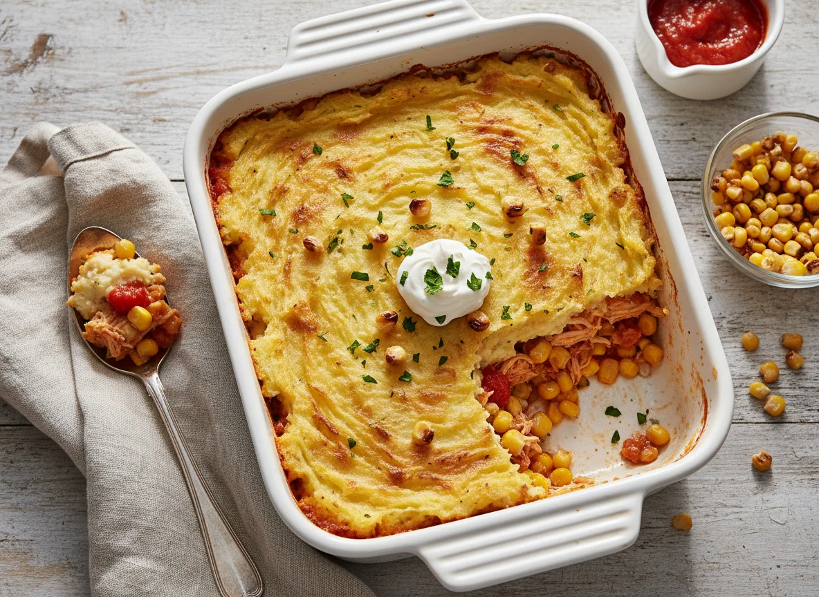 Escondidinho de frango com purê de batata e milho photo