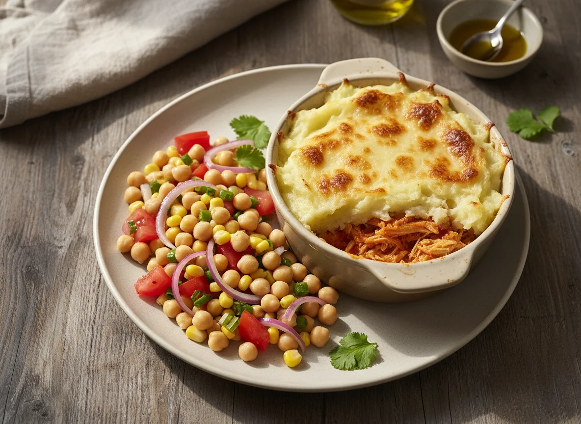 Escondidinho de frango com salada de grão de bico photo