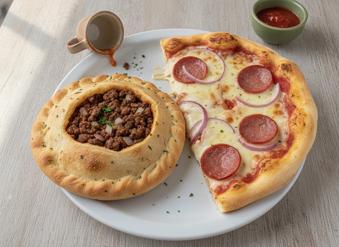 Esfiha de carne e fatia de pizza de calabresa photo
