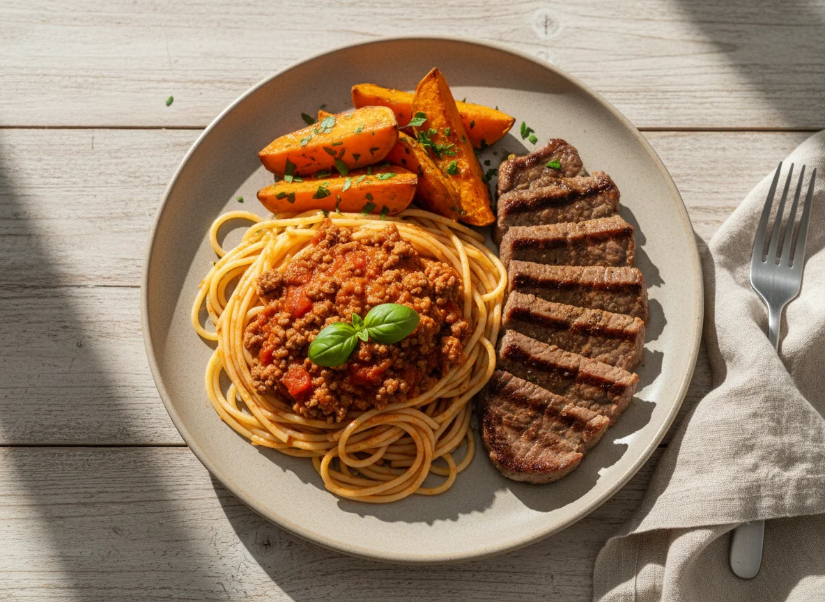 Espaguete à bolonhesa com bife e batata doce photo