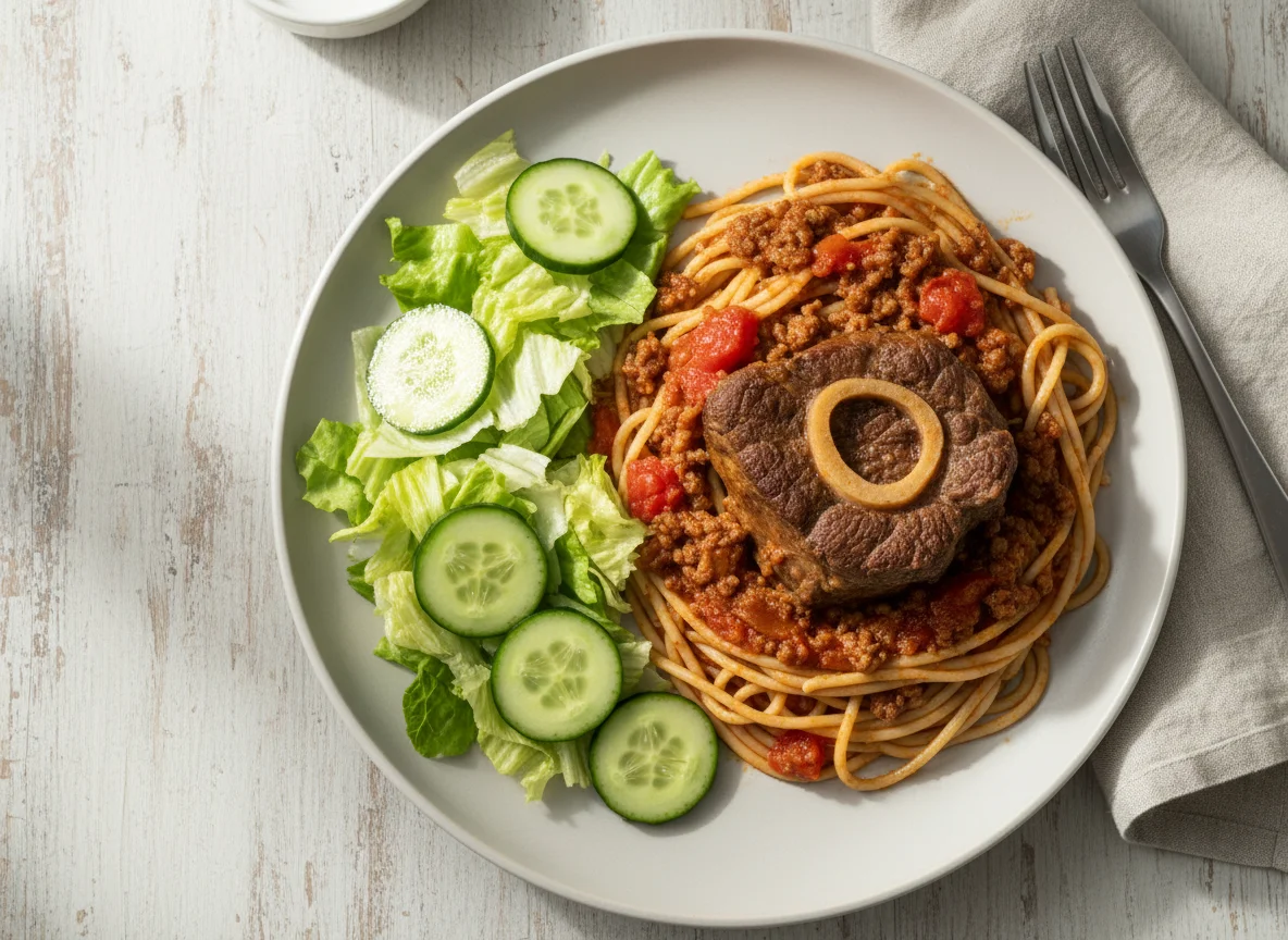 Espaguete à bolonhesa com carne e salada photo