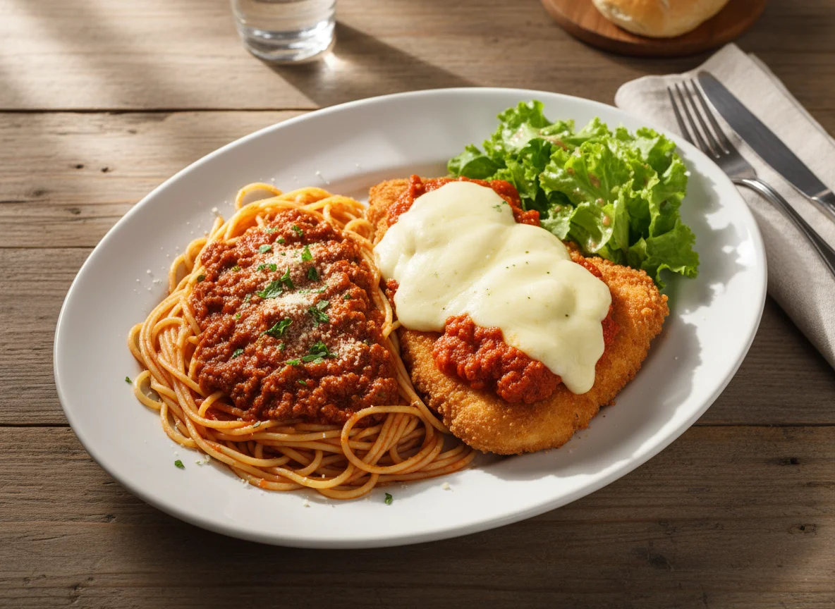 Espaguete à bolonhesa com frango à parmegiana photo