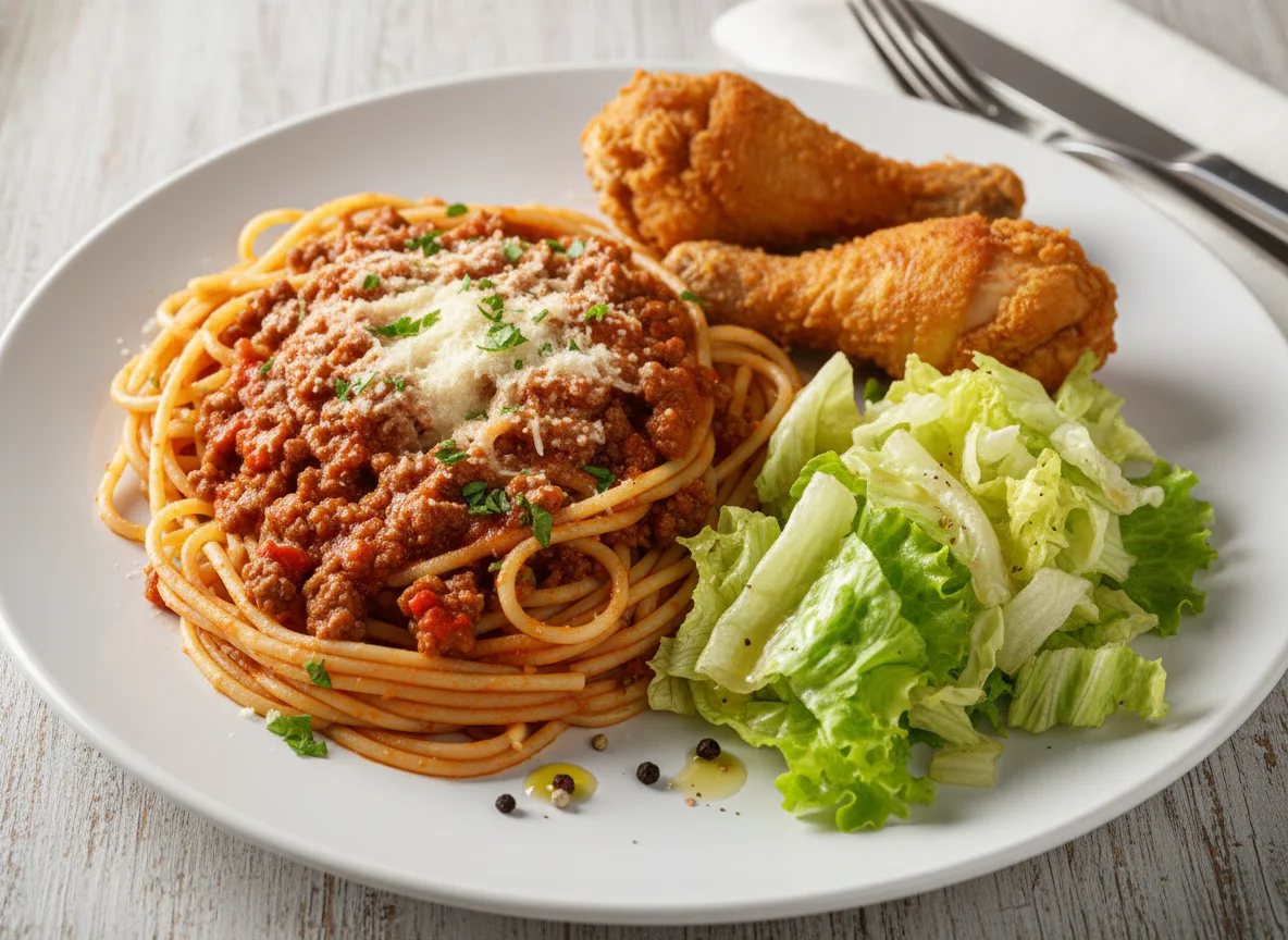 Espaguete à bolonhesa com frango frito e salada photo