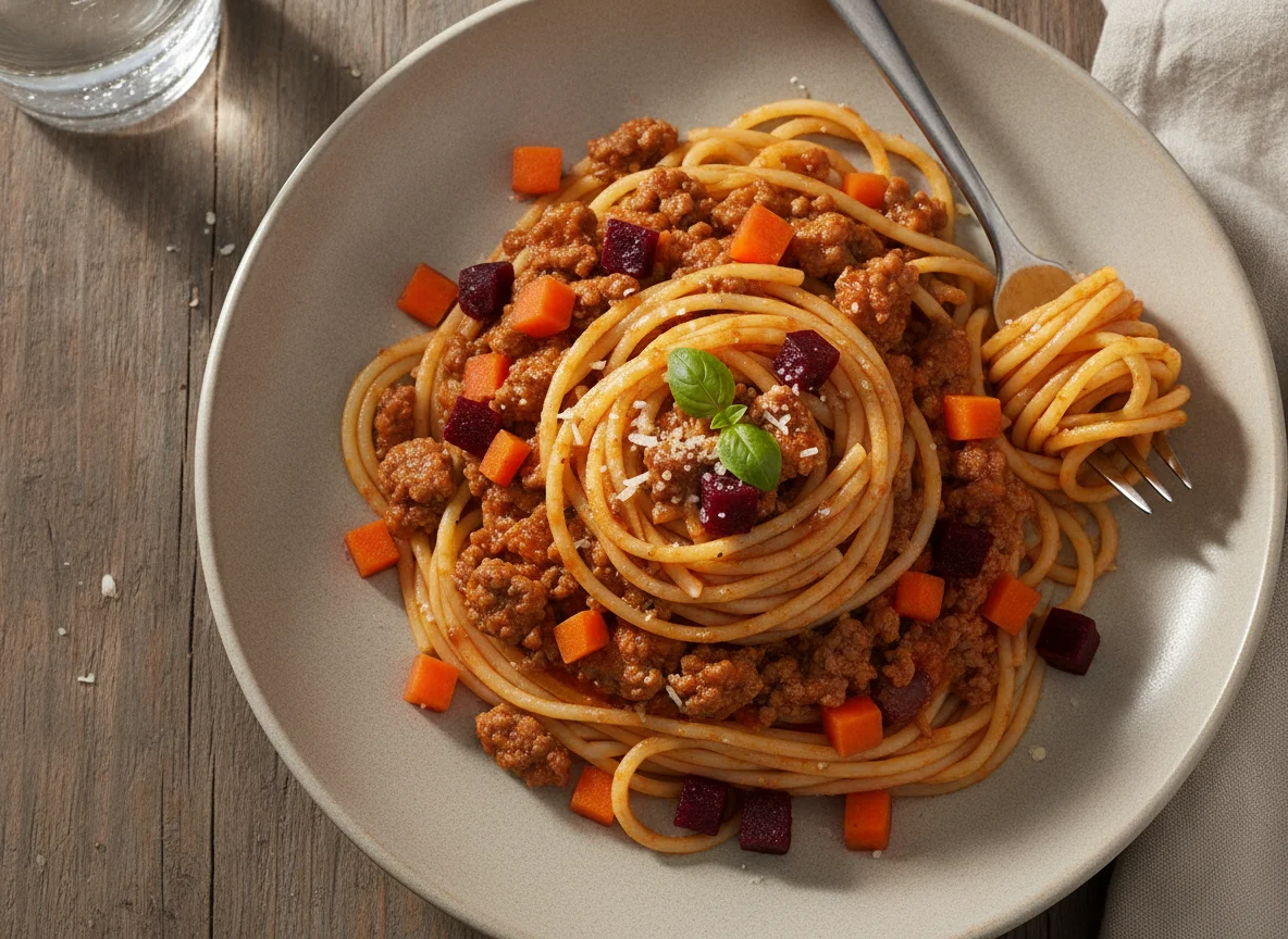 Espaguete à bolonhesa com legumes photo