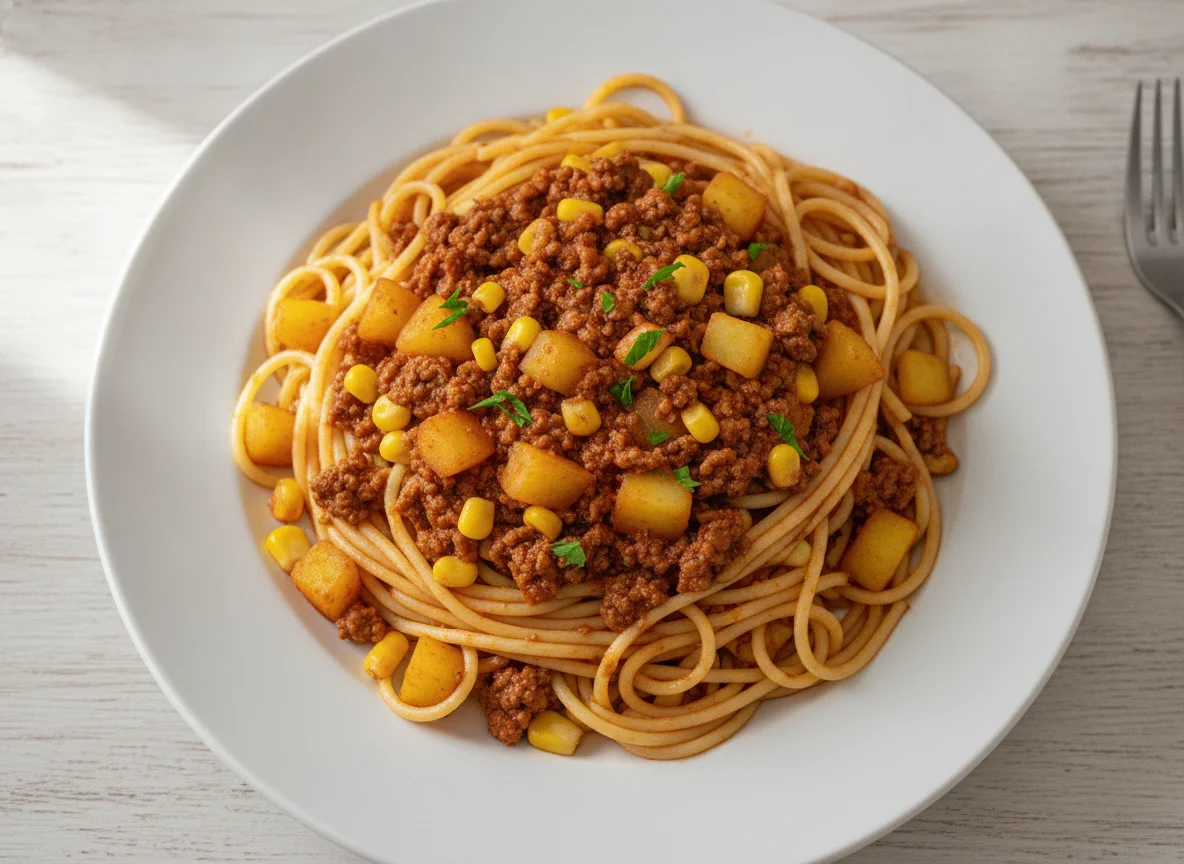 Espaguete à bolonhesa com milho e batata photo
