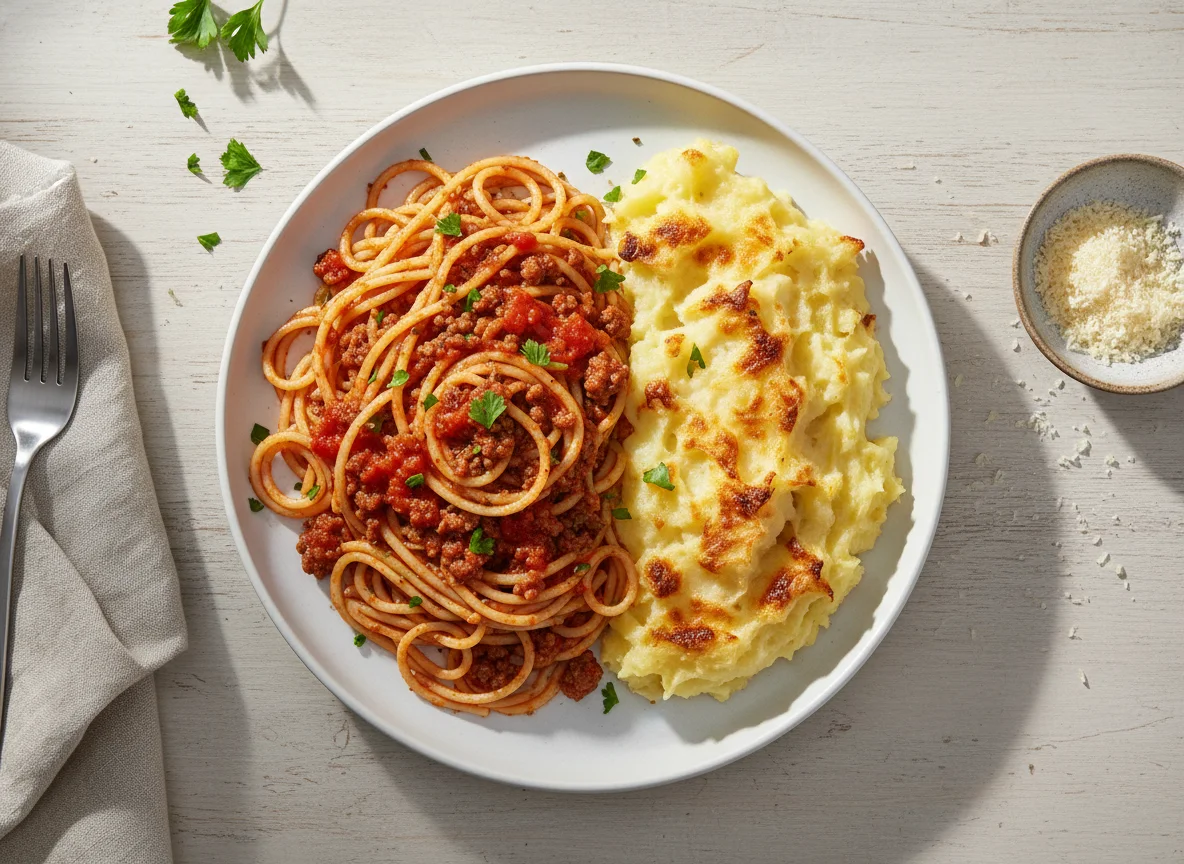 Espaguete à bolonhesa com purê de batata gratinado photo