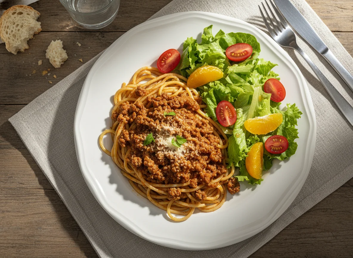 Espaguete à bolonhesa com salada photo