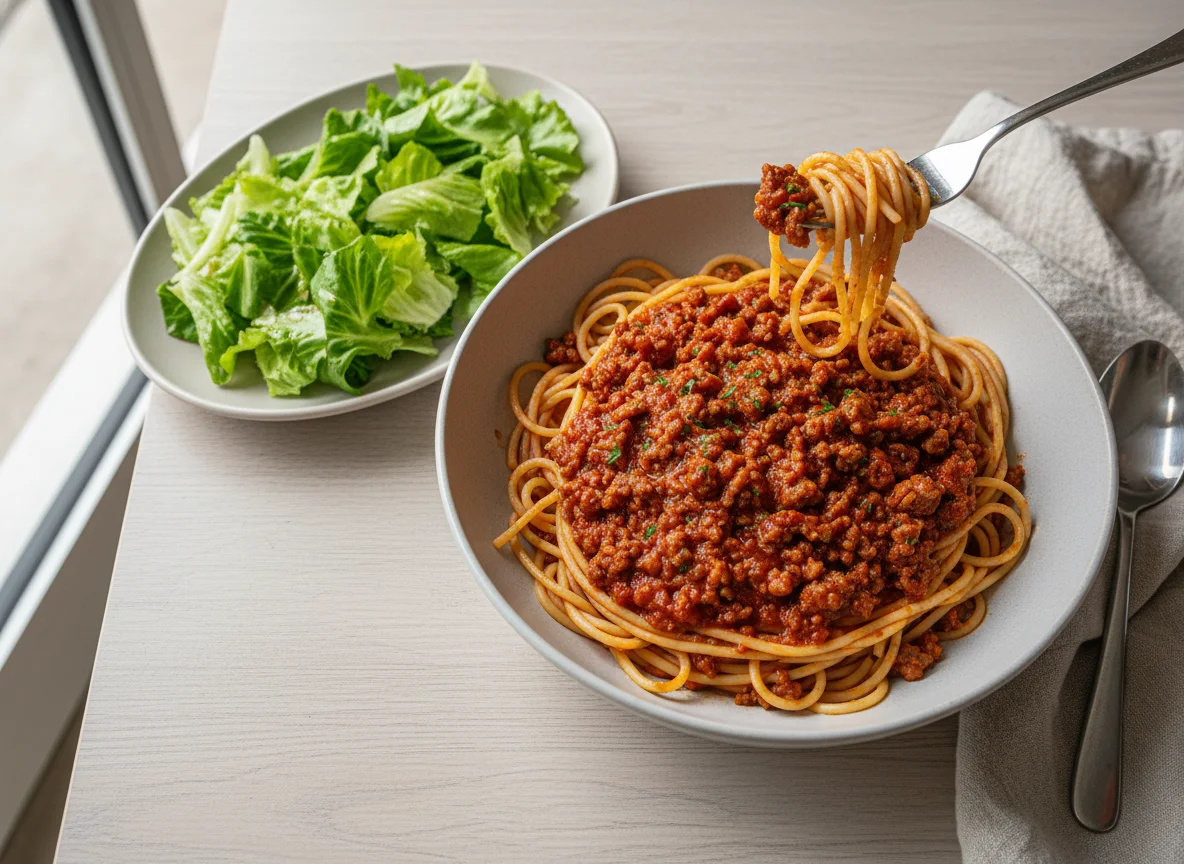 Espaguete à bolonhesa com salada de alface photo