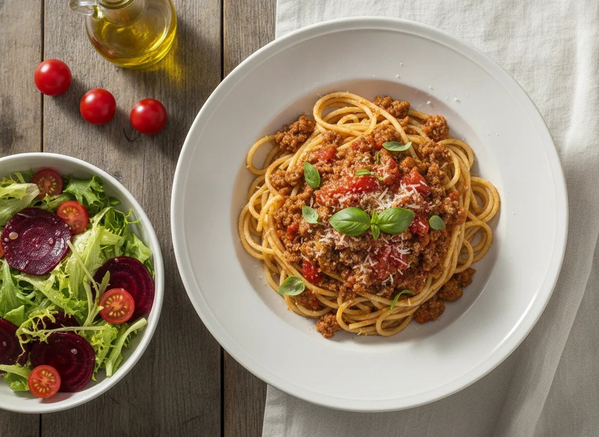 Espaguete à bolonhesa com salada de beterraba e alface photo