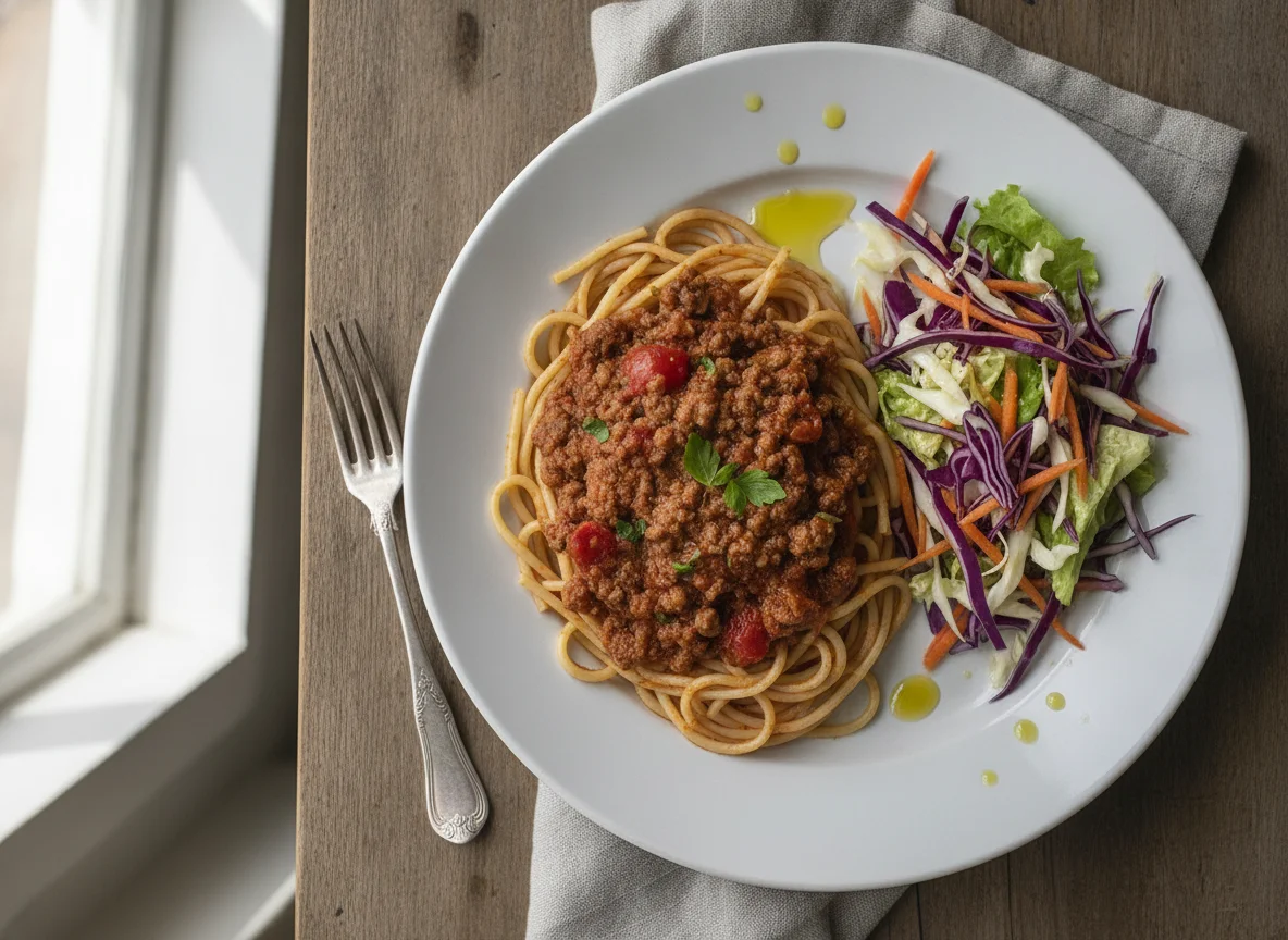 Espaguete à bolonhesa com salada de repolho e cenoura photo