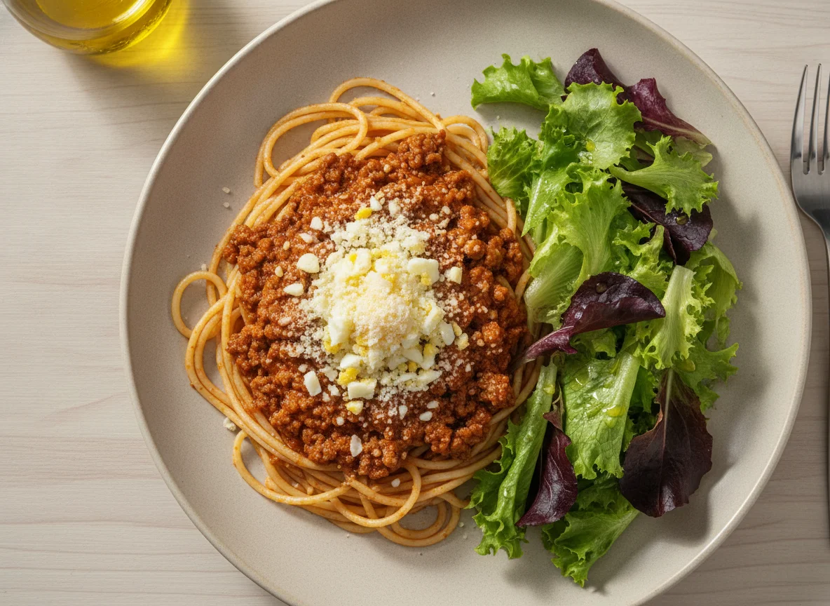 Espaguete à bolonhesa com salada mista photo