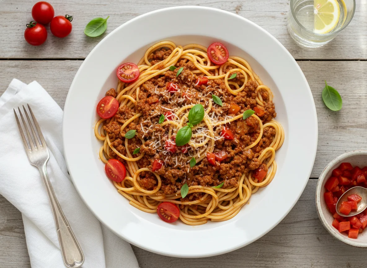 Espaguete à bolonhesa com tomate photo