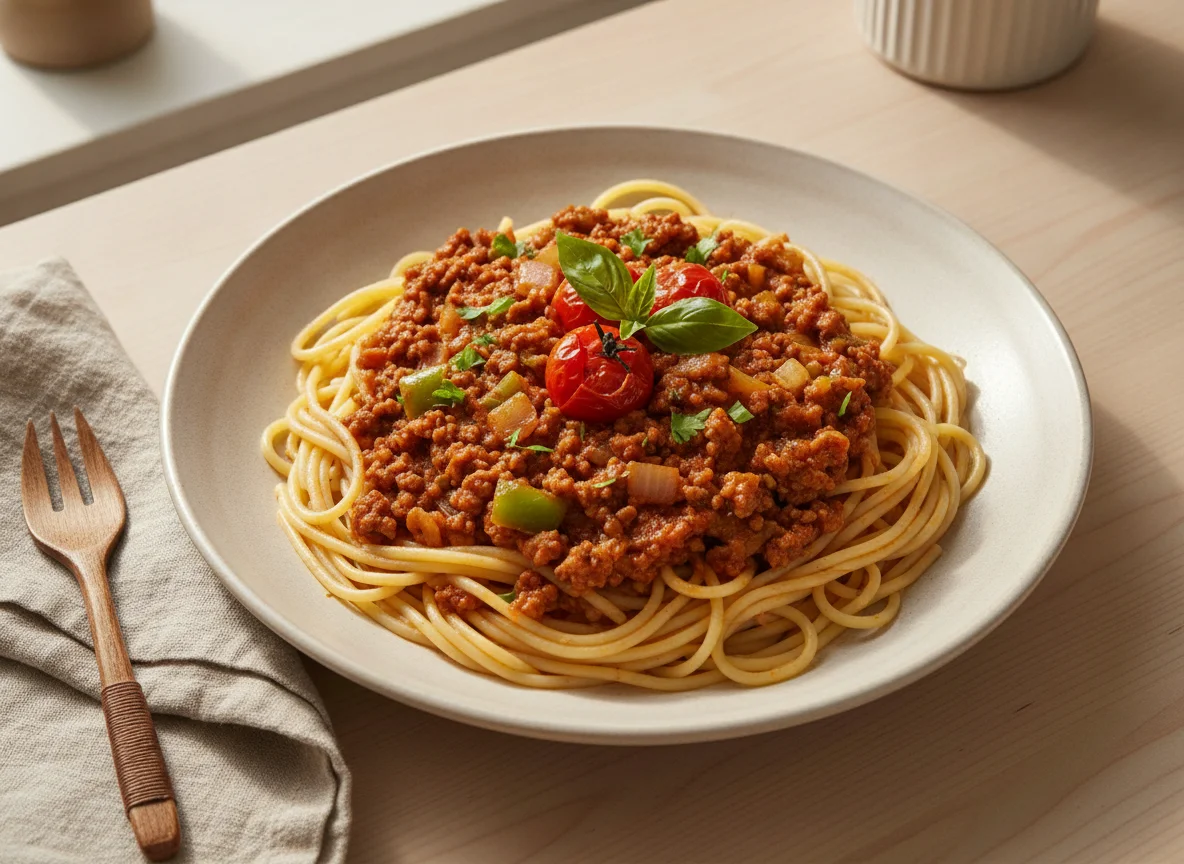 Espaguete à bolonhesa com vegetais photo