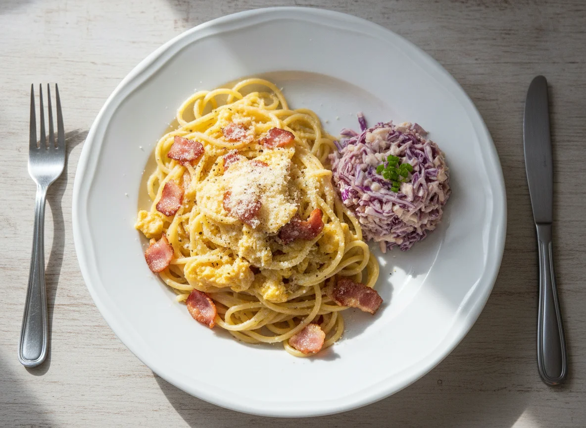 Espaguete à Carbonara com Salada de Repolho Roxo photo