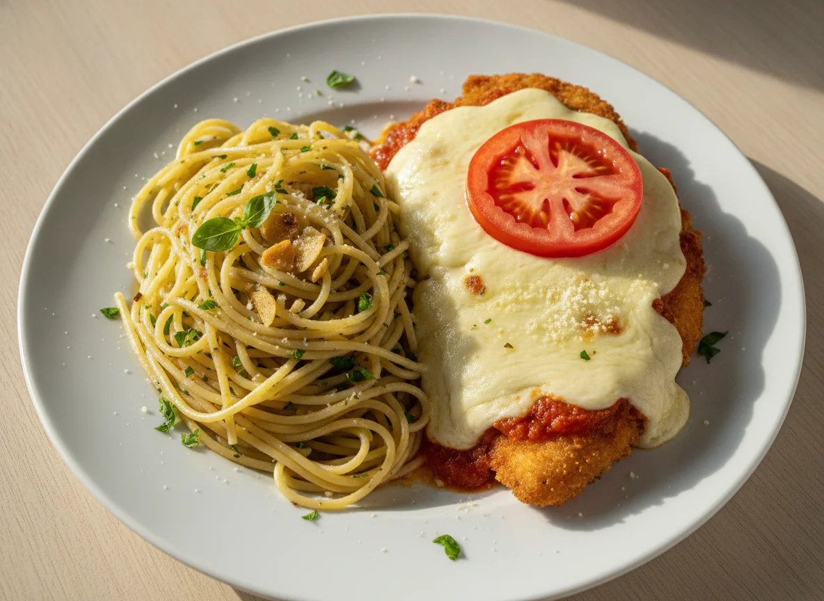 Espaguete ao alho e óleo com frango à parmegiana photo