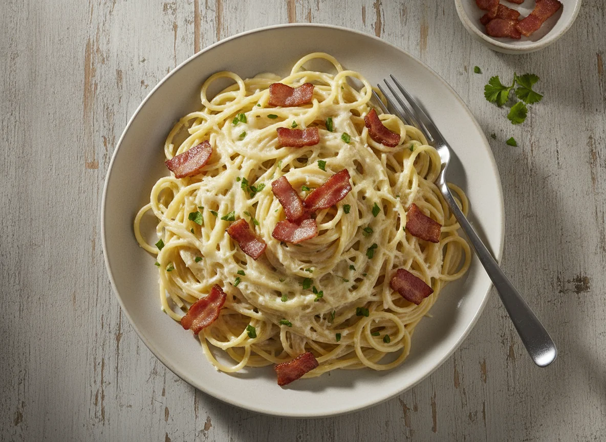 Espaguete ao molho branco com bacon photo