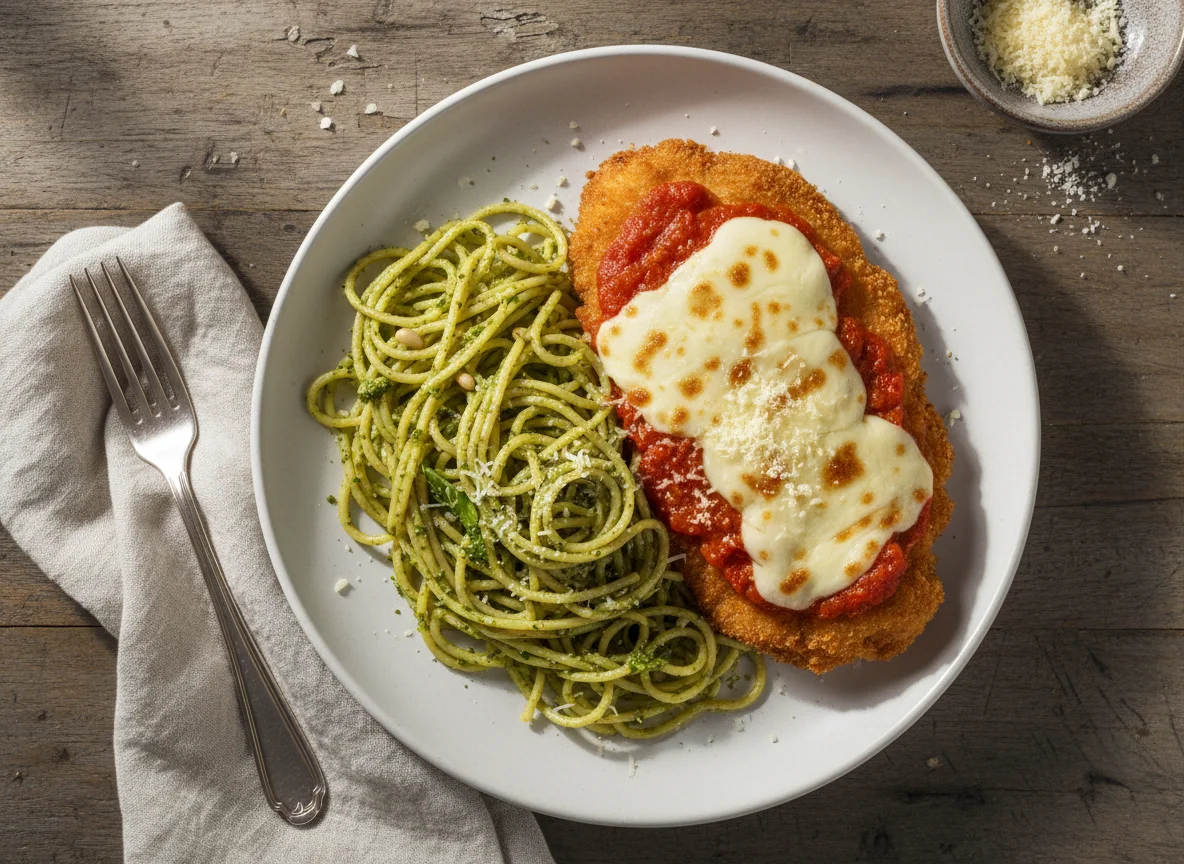 Espaguete ao pesto com frango à parmegiana photo