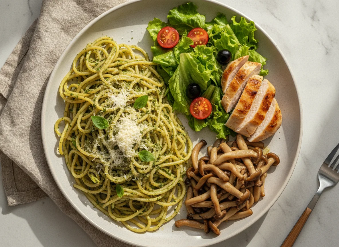 Espaguete ao pesto com salada e cogumelos photo
