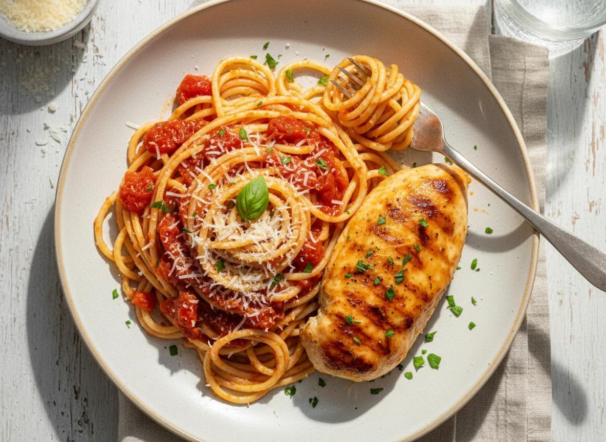 Espaguete ao Sugo com Filé de Frango Grelhado photo